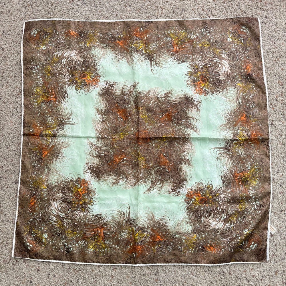 VTG Hand Printed Square Scarf Made in Japan‎ Abstract Marbled Swirl Brown Green